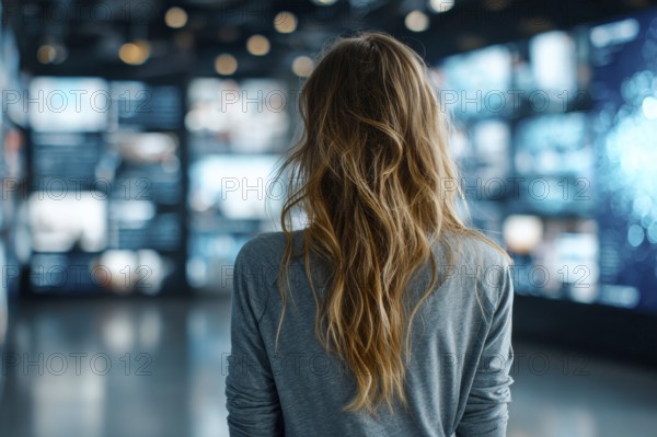 Concept of future entertainment and communication. Attractive young lady looking at wall of TVs, AI