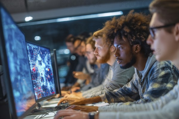 Diverse employees in corporate environment support center analyzing data and helping customers to