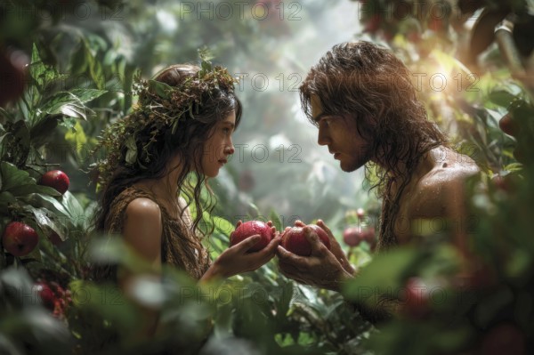 Bible story of Adam and Eve in Paradise Garden of Eden. Legend of Original sin and Temptation.