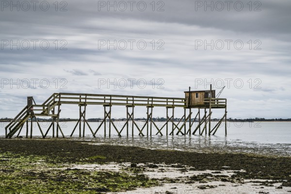 Fishing huts over Randonnee entre Histoire et Nature from a drone, Fouras, Fouras-les-Bains,