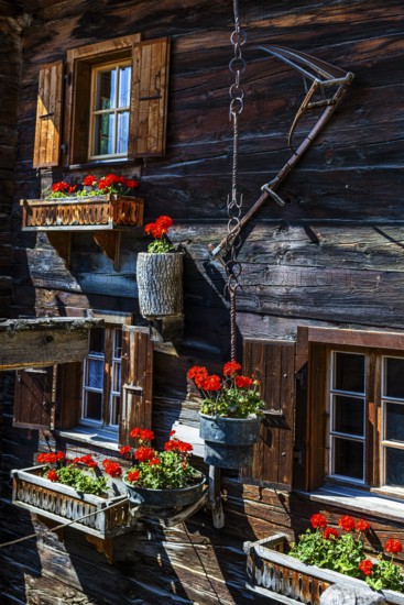 Old wooden house in log construction, decorated with flowers, historic village centre, Grimentz,
