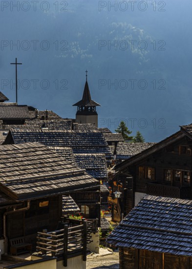 Shingle roofs at dawn, historic village centre, Grimentz, Val d'Anniviers, Valais Alps, Canton