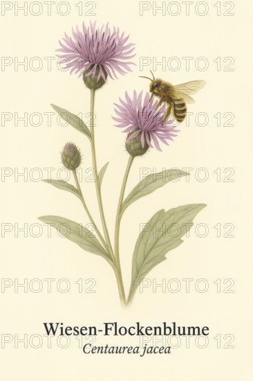 Botanical illustration of a furrow bee (Halictus scabiosae) on the native meadow knapweed