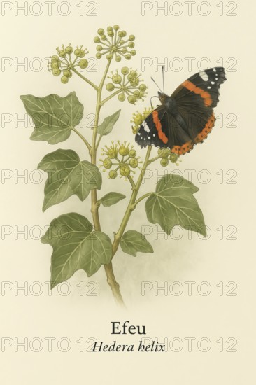 Botanical illustration of an admiral butterfly (Vanessa atalanta) on the native ivy (Hedera helix)