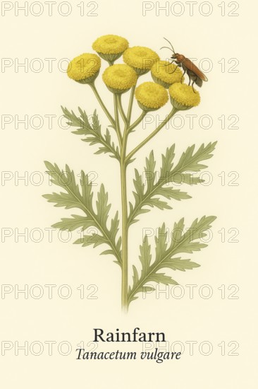 Botanical illustration of a soldier beetle (Rhagonycha fulva) on the native tansy (Tanacetum