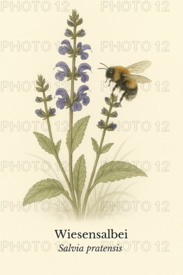 Botanical illustration of a field bumblebee (Bombus pascuorum) on the native meadow sage (Salvia