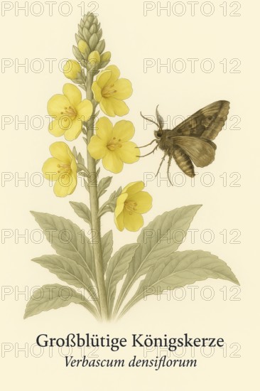 Botanical illustration of a moth (e.g. gamma owl, Autographa gamma) on the native Dense-flowered