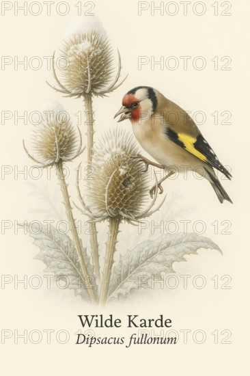 Botanical illustration of a goldfinch (Carduelis carduelis) on the native Wild teasel (Dipsacus