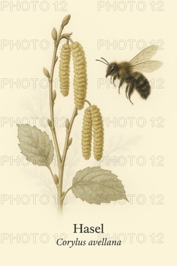 Botanical illustration of a spring fur bee (Anthophora plumipes) on the native hazel (Corylus