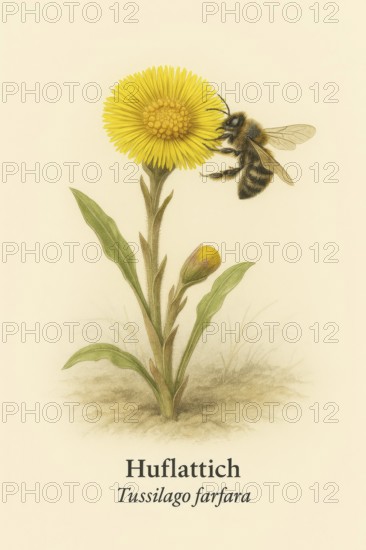 Botanical illustration of a sand bee (Andrena vaga) on the native coltsfoot flower (Tussilago