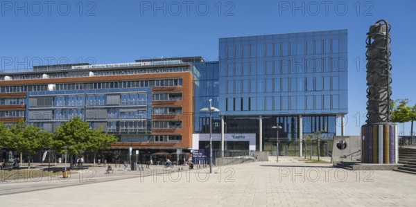 Modern office building Capita at Germaniahafen, museum harbour, Adam and Eve, sculpture by Björn