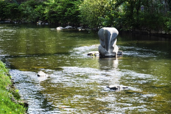 A suspension railway at the crash site of Tuffi the elephant. A sculpture of an elephant stands in