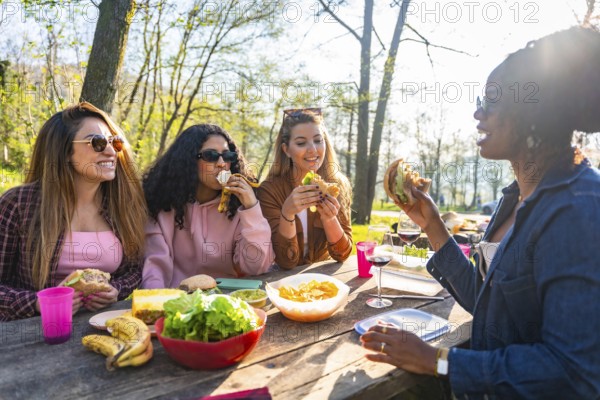 Group of young women enjoying a sunny picnic at a park, happily sharing delicious sandwiches and