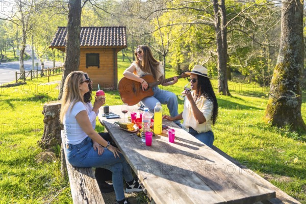 Cheerful young women enjoying a picnic in a sunny park, with one playing guitar, sharing drinks,