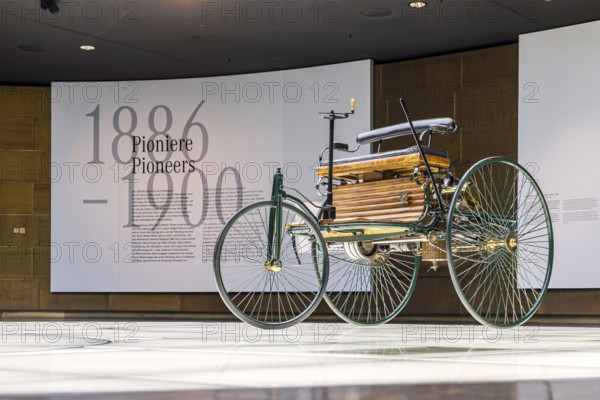 Benz Patent Motor Car from 1886 - the world's first petrol car. The Mercedes-Benz Museum in