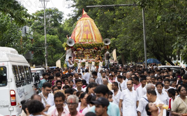 Hindu devotees takes part in Rath Yatra religious procession Guwahati, India on June 27, 2025. Rath