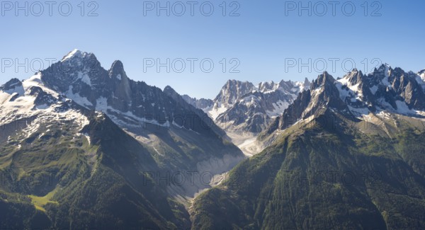 Mountain peak Grandes Jorasses and glacier Mer de Glace of the Mont Blanc massif,