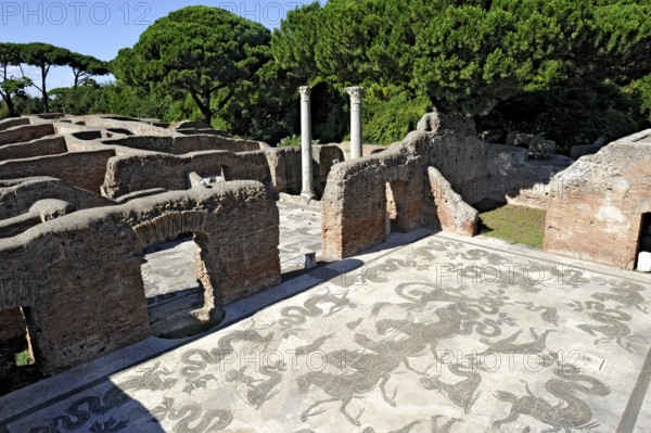 Ruins with mosaics on the floor of the Terme di Nettuno, thermal baths of the sea god Neptune,