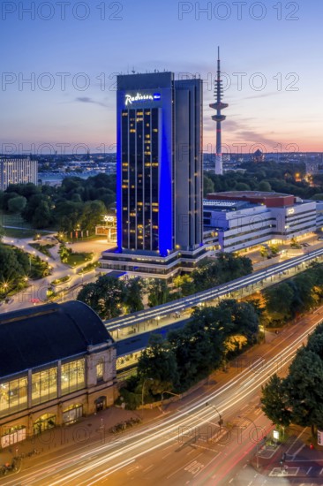 Aerial view of the CCH and Radisson Blue Hotel with television tower Heinrich-Hertz-Turm