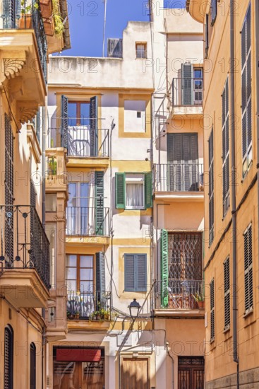 Residential building with balconies at the flats in a narrow alley in the old town at Palma de
