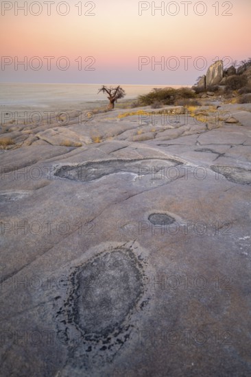 Rocks with salt crust on Kubu Island, view over the salt pan at sunset, Kubu Island (Lekubu), Sowa
