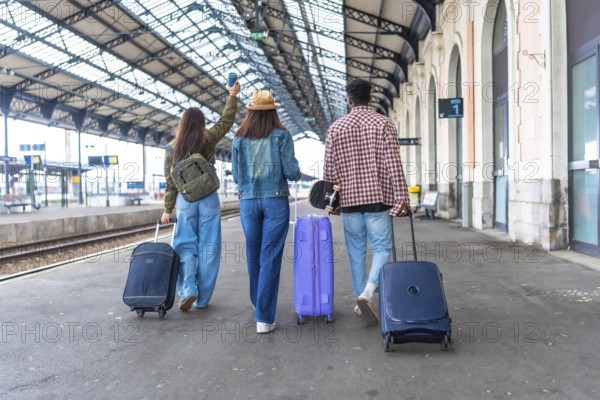 Three young tourists are walking inside a train station pulling their trolley bags and a