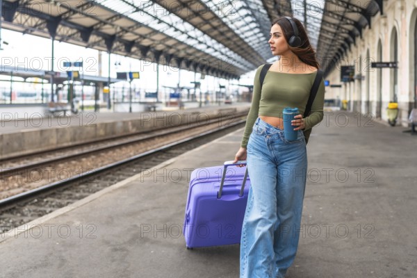 Tourist wearing headphones, holding reusable coffee cup and pulling suitcase while walking in train