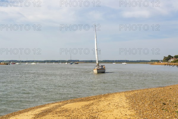 Sailing boat yacht at mouth of River Deben estuary, Bawdsey Quay, Suffolk, England, UK