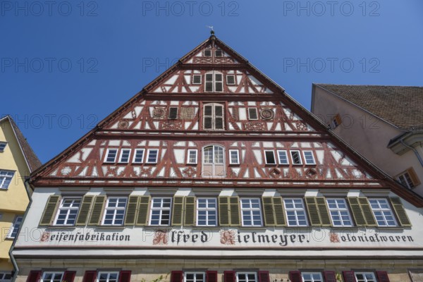 Detailed view of a historic half-timbered house, Kielmeyerhaus in the old town of Esslingen,