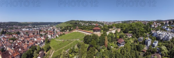 Aerial view, panorama of the city of Esslingen am Neckar with Esslingen Castle, Dicker Turm,