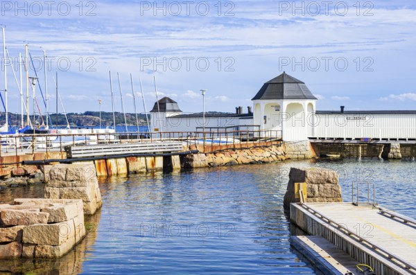 Picturesque view of the Kallbadhus, the cold bathhouse of Lysekil, Bohuslän, Västra Götalands län,