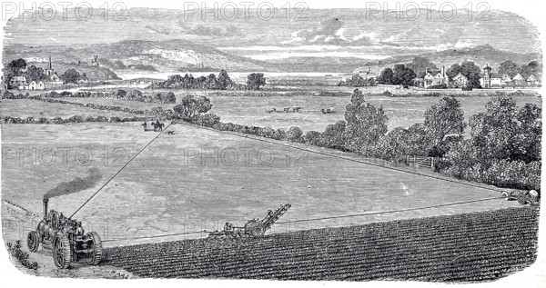 Farming and agriculture, single-machine steam plough, system B, by John Fowler, around 1860,