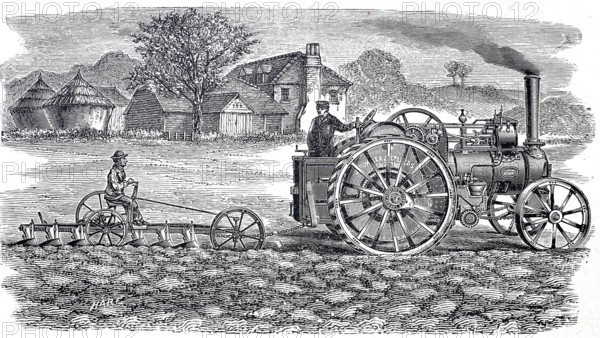 Agriculture, tillage, gang steam plough apparatus by John Fowler, around 1860, digitally improved