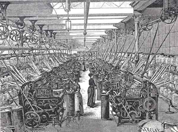Textile processing, spinning mill, view into a wool combing mill, around 1860, digitally enhanced