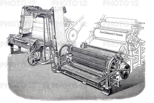 Textile processing, spinning mill, ribbon transfer by Schimmel & Co, around 1860, digitally