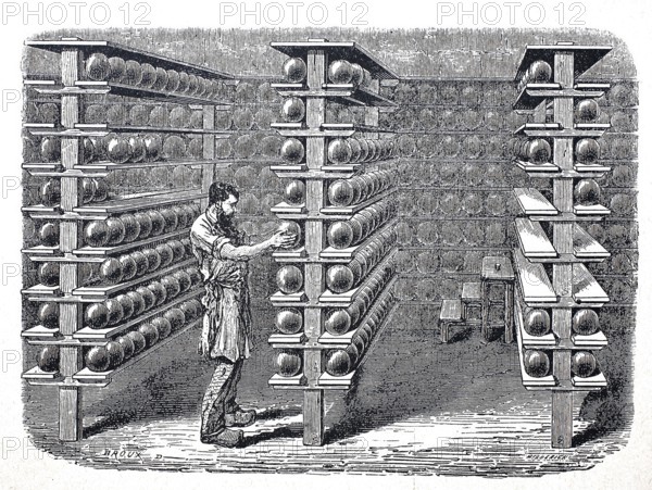 Agriculture, cheese production, storage room of a cheese dairy, ripening room, around 1870,