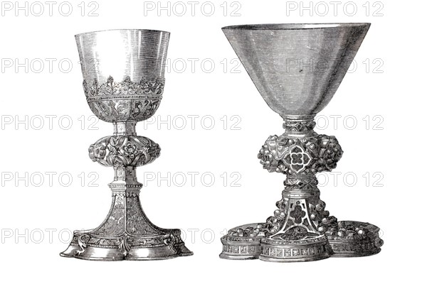 Religious cult objects, Two richly decorated chalices with enamels and filigree ornaments, probably