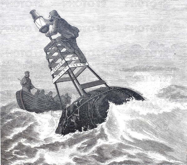 Lighting the beacons in the open sea during a storm, distress signal, historical, digitally
