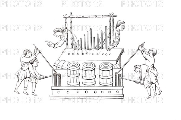 Manually operated organ from the 12th century, historical, digitally enhanced reproduction of a