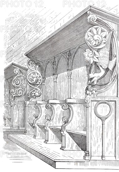 Choir stalls in the Minster Church of St Alexandri in Einbeck, Lower Saxony, Germany, Historical,
