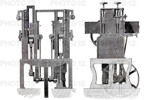 Timber industry, sawmill, Haigh's equilibrium saw for sawing boards and beams, historical,