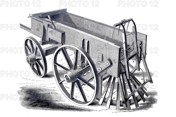 Agriculture, Fertiliser spreader, after J.H. Stevens, Historical, digitally enhanced reproduction