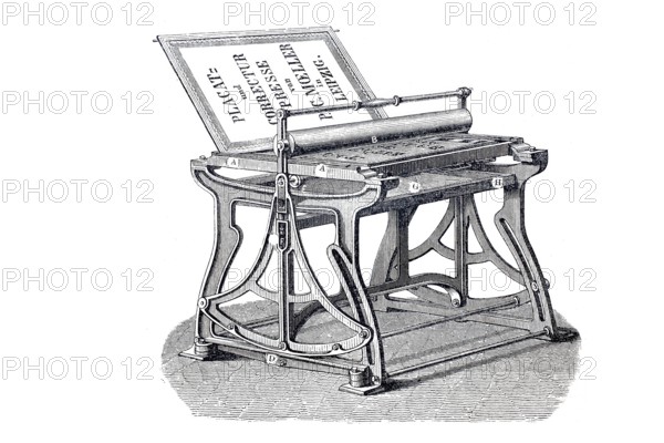 Print shop, Poster press, Proofreading press, Historical, digitally enhanced reproduction of an