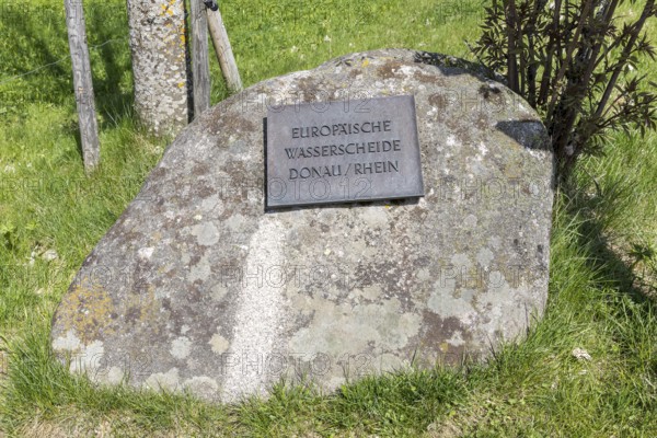 Signpost European watershed Danube and Rhine near the source of the Danube in Furtwangen in the