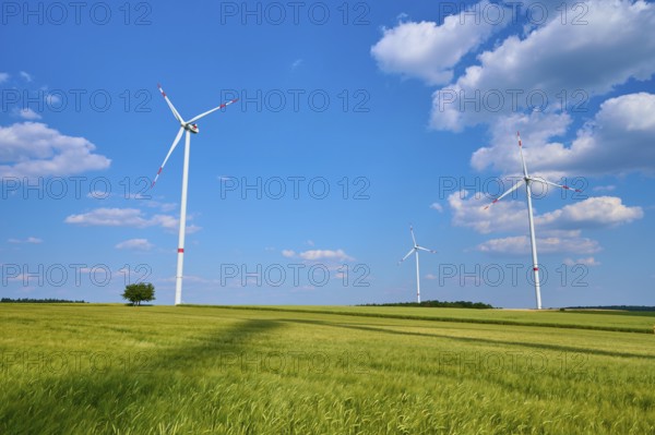 Three wind turbines stand in a large open barley field under a clear sky, summer, Retzstadt, Main