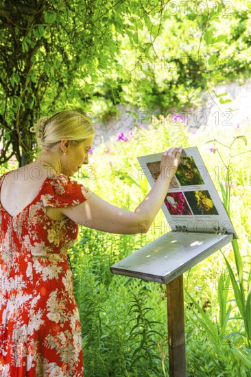 A woman looks at an information board in the middle of a green and flowery landscape, Botanical