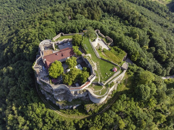 Luftbild von der hochmittelalterlichen Burgruine, Höhenburg Hohenneuffen am Albtrauf, Neuffen,