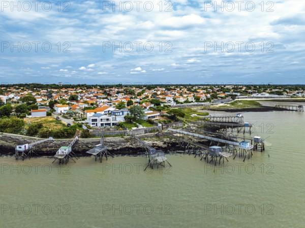 Fishing huts over Randonnee entre Histoire et Nature from a drone, Fouras, Fouras-les-Bains,