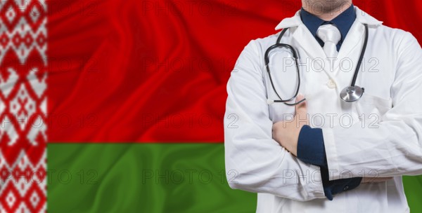 Male doctor with stethoscope on Belarus flag. Doctor holding stethoscope on Belarus flag