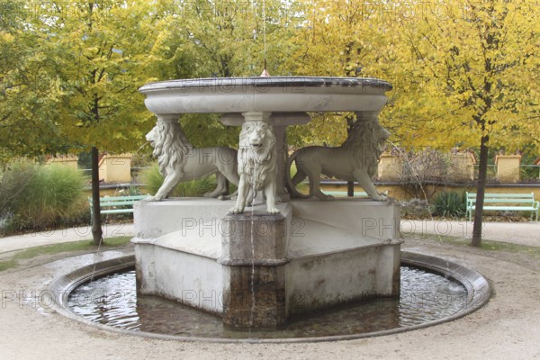 Lion fountain in the inner courtyard of Hohenschwangau Castle near Füssen, Allgäu, Bavaria,